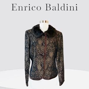 Enrico Baldini Brown Metallic Damask Brocade Jacket with Faux Fur Collar 14